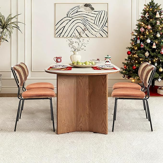 Rattan Dining Chairs Set of 4, Christmas Dining Chairs Mid Century Modern with Cane Back for Kitchen Dining Room, 19 Inch Fabric Orange