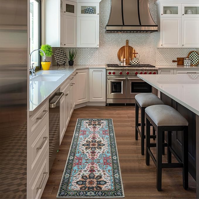 WILLSUN Washable Area Rugs, 2x6 Non-Slip Boho Area Rugs for Kitchen, Living Room, Bedroom, Machine Washable Vintage Rug, Indoor Floral Print Carpet for Home Decor, Kid & Pet Friendly Mat