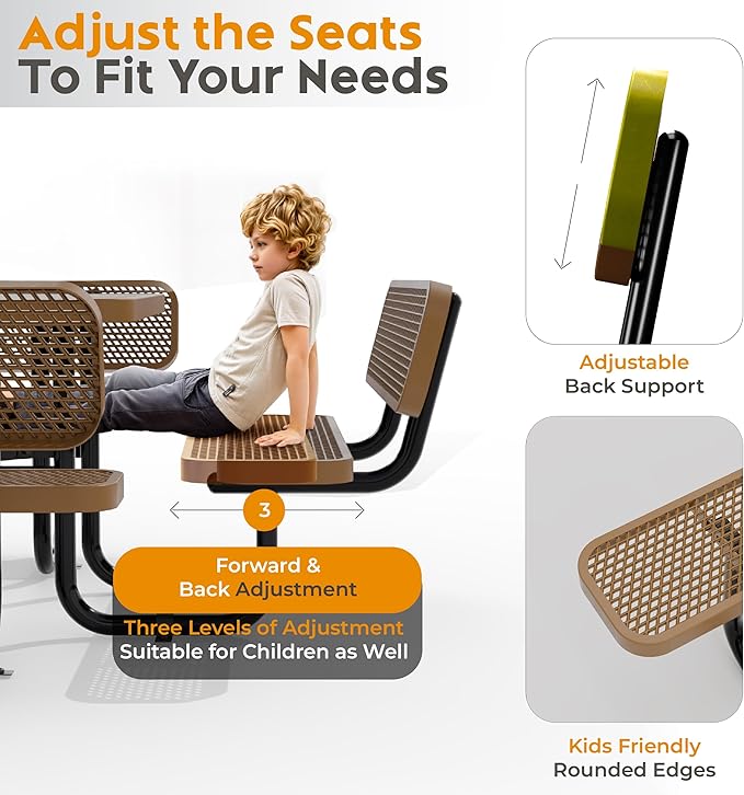 Metal Picnic Tables for Outdoors with Umbrella Hole - Coated Steel Heavy Duty Commercial Grade Furniture with Adjustable Seats (Brown, 46 in, Square with Back, Expanded Steel)