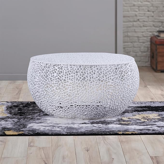 Modern Contemporary Round 32" Coffee Table, Solid Aluminum intrigued Design, Drum Shaped Mesh Cocktail Table, Creative Center Table for Living Room and Bedroom, Casted in White