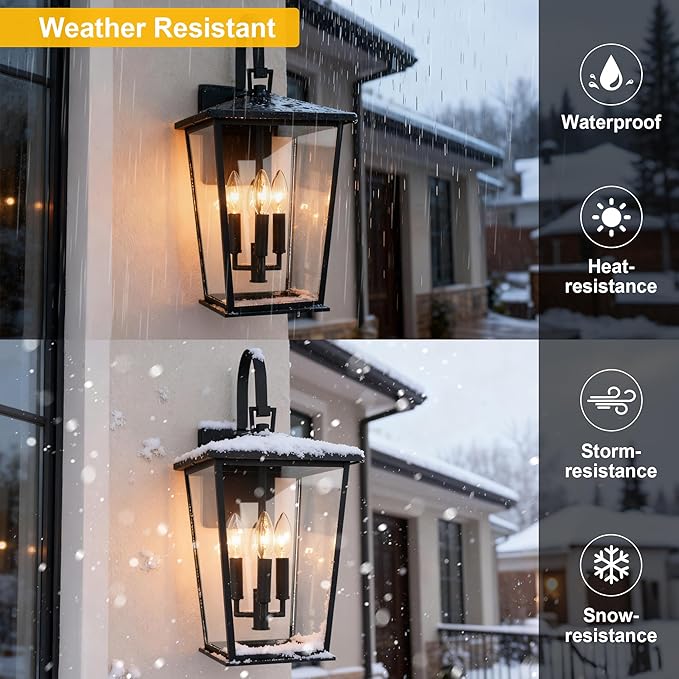 Kalium Modern Outdoor Wall Sconce Fixture 20 1/2", Matte Black, 3-Light Exterior Wall Mount Lighting with Clear Glass Panels for House Porch Patio Outside Deck Garage Yard Front Door Garden Home