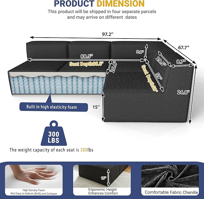 97" Sectional Compressed Sofa Modular Couches,High-Density Foam No Assembly Required,3-Piece(1xCorner 3xArmless) for Living Room, Chenille Dark Grey