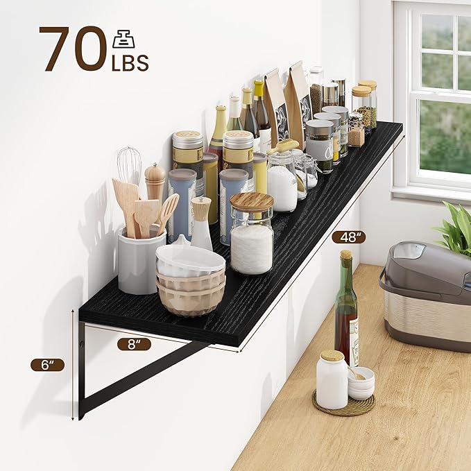 Fun Memories Deep Floating Shelves for Wall, 48W x 8D Wall Mounted Shelves Set of 2, Wide Display Ledge Shelf with Sturdy Metal Brackets for Living Room, Bathroom, Bedroom and Kitchen, Black