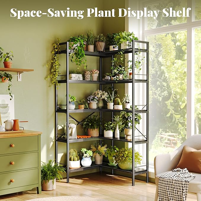 Huuger 5 Tier Bookshelf, L Shaped Corner Bookshelf with 10 Open Shelves, 49.4 Inch Straight Wide Bookcase with Metal Frame and Wooden Board, Adjustable Feet, Black