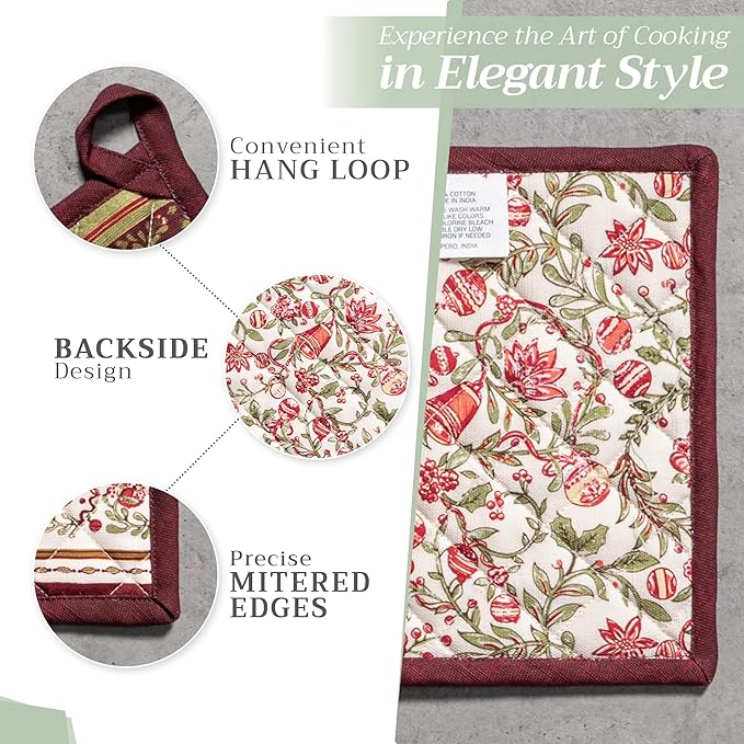 Maison d' Hermine Pot Holders Set 100% Cotton Heat Resistant Potholders 8" x 8" Hot Pads with Loop for Thanksgiving Christmas Decorations Baking Handling Hot Pans (Pack of 2, Reveillon Au Jardin)