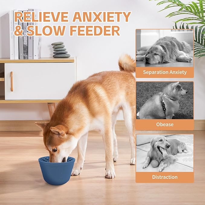 Dog Lick Bowl with Brush and Scraper, Anxiety Relief Silicone Slow Feeder Treat Dispenser, Anti-chocking Pet Dish, Non-Slip Interactive Entertainment Dog Puzzle Toy for Medium & Large-Dark Blue