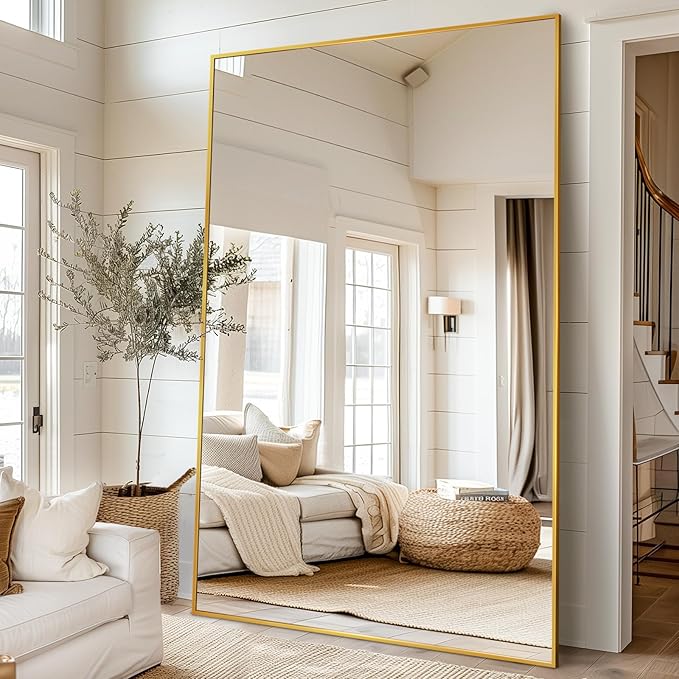 Full Length Mirror, 72"x44" Floor Mirror Freestanding, Oversized Floor Standing Full Body Mirror with Stand for Bedroom, Hanging Mounted for Living Room Cloakroom, Gold, Rect