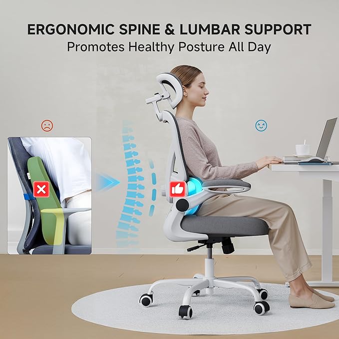 Ergonomic Office Chair with Adjustable Lumbar Support & Headrest, 330 LBS High Back Mesh Chair with Flip-up Armrests for Long Hours, Home Office Desk Chair, White and Gray
