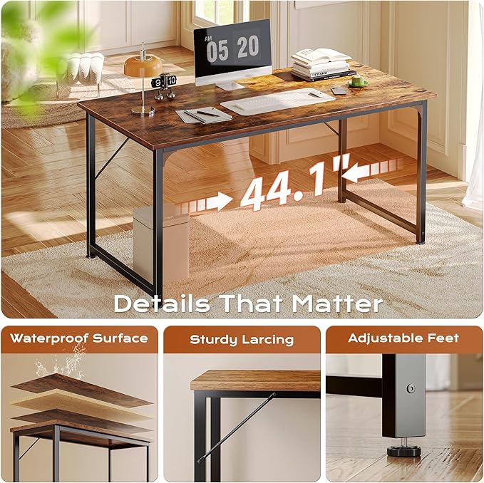 PRAISUN 47 X 24 Inch Computer Desk with Deeper Desktop, Gaming Office Writing Work Desk for Home Office, Study, Bedroom, Work from Home, Metal Frame, Rustic Brown