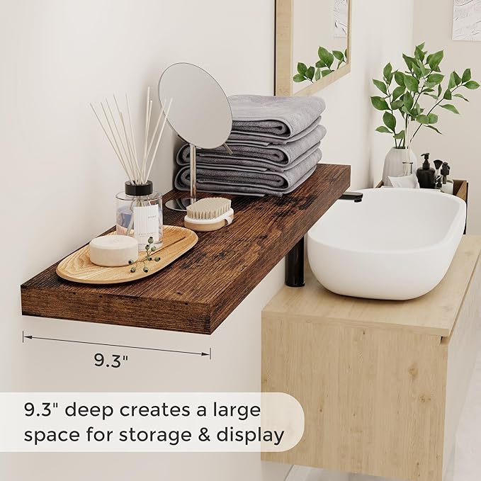 Floating Shelves for Wall, 36 x 9.3 Large Floating Shelf Wall Mounted Set of 2, Rustic Wood Shelves for Bathroom, Kitchen, Living, Heavy-Duty Storage Deep Shelf for Books, Decor, Rustic Brown