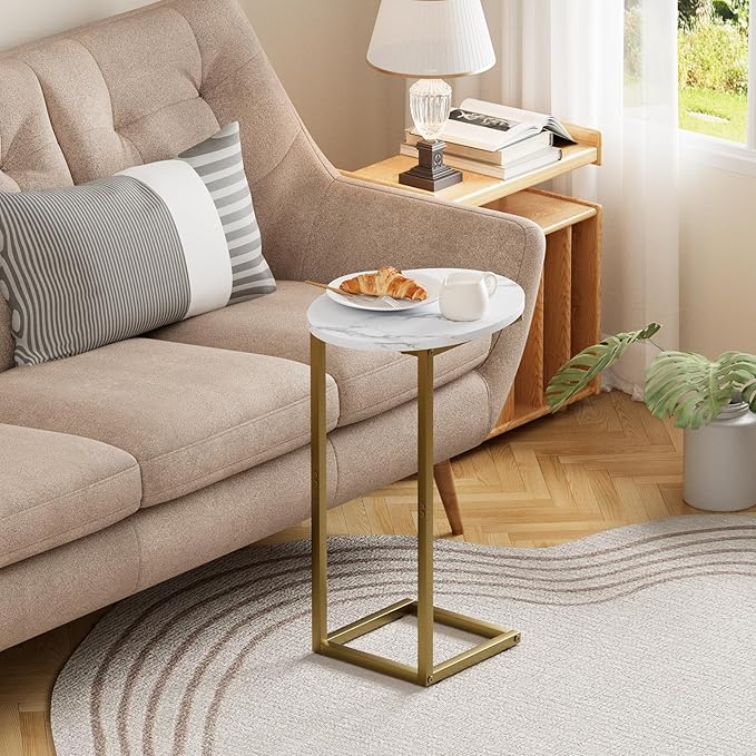 C Shaped End Table, Oval Couch Side Tables for Living Room, Sofa End Table with Metal Frame, Small Wooden Snack Table for Bedroom, Small Spaces, Easy Assembly, Gold