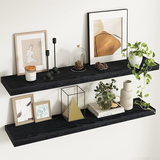 Fun Memories 48Inch Floating Shelves, 9.3Inch Deep Rustic Wall Shelves - Extra Deeper & Thicker Wall Mounted Storage Shelf for Kitchen, Farmhouse - Set of 2 - Rustic Black