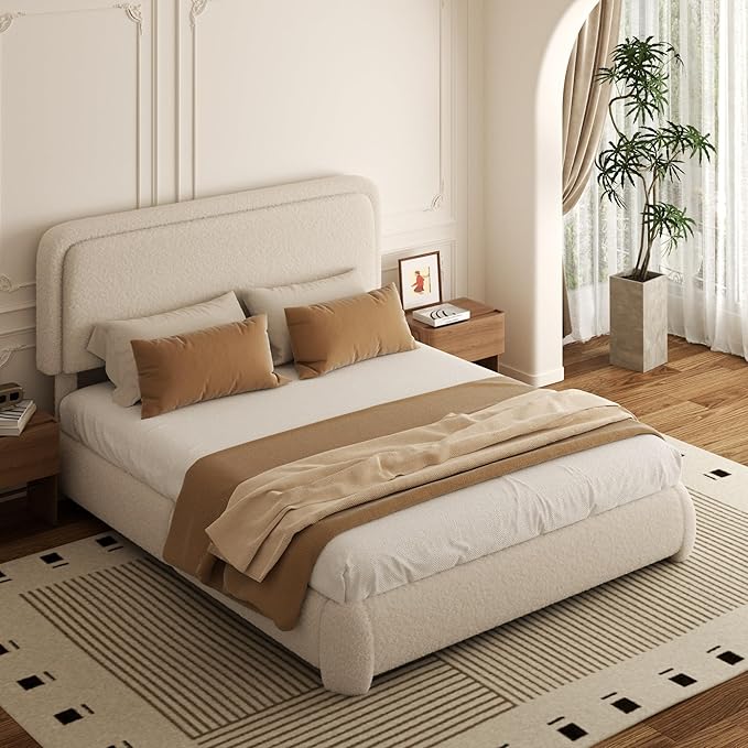 Queen Bed Frame, Teddy Velvet Boucle Bed Frame with 43.3"/45.3" Adjustable Upholstered Headboard, Rounded Corners, Mattress Foundation, No Box Spring Required, Beige