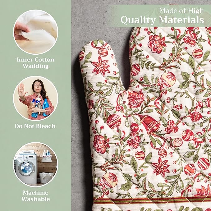 Maison d' Hermine Oven Gloves 100% Cotton Oven Mitt 7" x 13" with Loop Heat Resistant Cooking Gloves for Thanksgiving Christmas Decorations Baking Handling Hot Pans (Pack of 1, Reveillon Au Jardin)