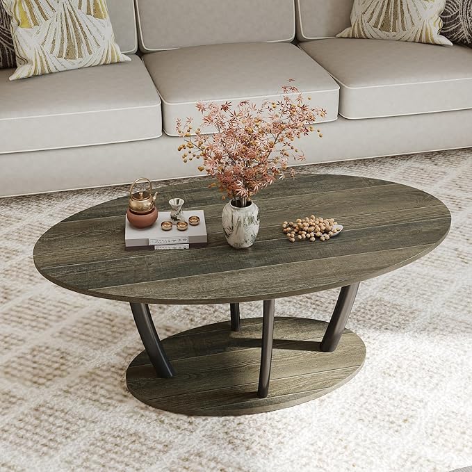 Manora Rustic Small Oval Coffee Table for Living Room, Narrow Wood Center Table with Shelf, Retro Style Coffee Table with Curved Metal Legs, Stable and Easy Assembly, Gray