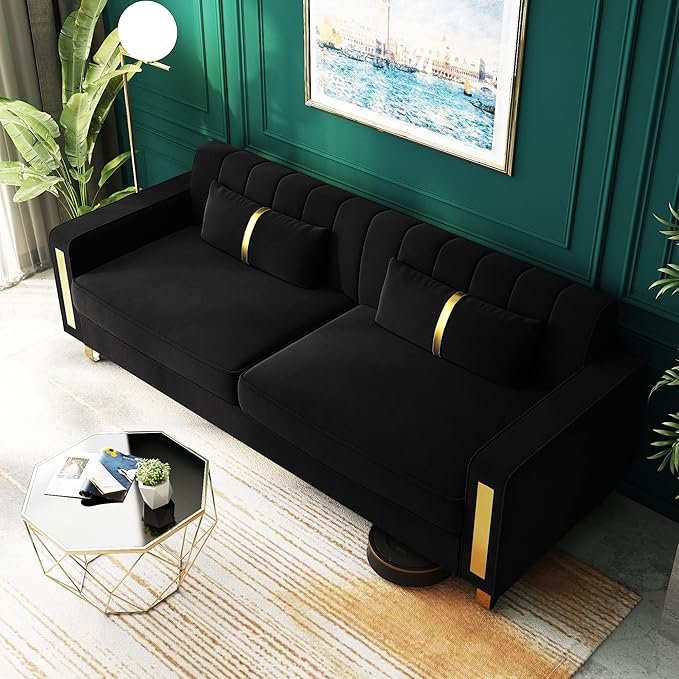 Couch 85.62" 3 Seats Sectional Velvet Fabric Sofa Easy Assemble Sofa Bed with 2 Couch Pillows,Gold Metal Legs for Living Room (P17, Black（3+3+1）)