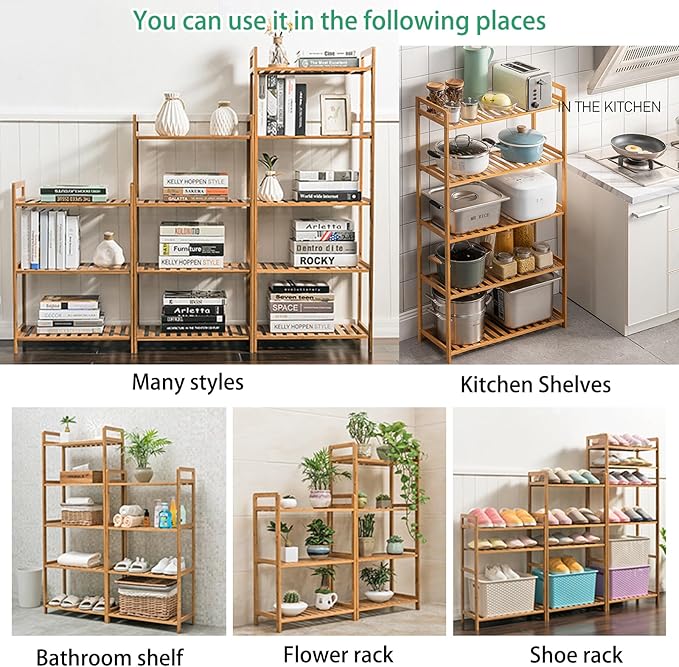 Bamboo Shelf, 4-Tier Bookcase Storage Shelves, Small Book Rack Shelving Unit, Multipurpose Storage Display Shelf for Bathroom Kitchen Living Room Office, 25W x 35D x 100H (4-Tier Grey)