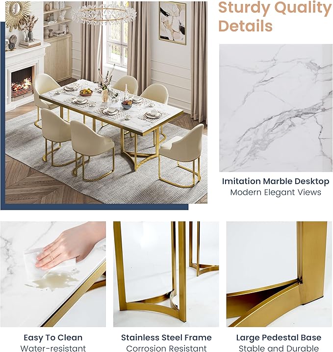 POVISON Marble Dining Table for 6, Modern Dining Room Table 71" for Kitchen & Dining Room, Luxury White Marble Table Top with Gold Trestle Pedestal(Dining Table Only)