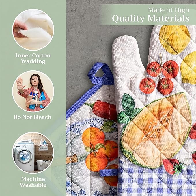 Maison d' Hermine 100% Cotton Oven Mitt & Pot Holder Set (7.5"x13" & 8"x8") Heat Resistant BBQ Cooking Gloves with Loop, Baking, Grilling, Kitchen, Handling Hot Pans Spring/Summer (Gourmand)