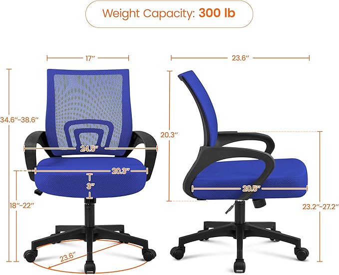 Yaheetech Mid-Back Mesh Office Chair Adjustable Ergonomic Computer Task Chair Swivel Rolling with Lumbar Support Armrest for Home Office Work Study, Blue