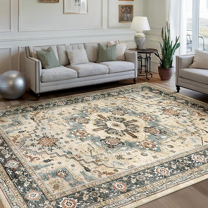 Area Rugs for Living Room 6x9 - Machine Washable Vintage Oriental Soft Rug, Low Pile Thin Floor Carpet with Non Slip Backing for Bedroom, Dorm, Under Dining Room Table, Indoor House, Office Decor