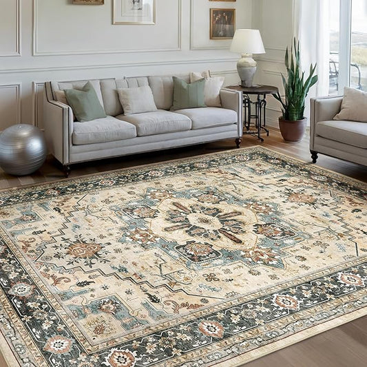 Area Rugs for Living Room 6x9 - Machine Washable Vintage Oriental Soft Rug, Low Pile Thin Floor Carpet with Non Slip Backing for Bedroom, Dorm, Under Dining Room Table, Indoor House, Office Decor