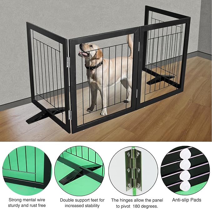 ZJSF Freestanding Dog Gate Indoor, Foldable Dog Fence for Doorways,Hallways or Stairs, Sturdy Wood Extra Wide Pet Gate with Support Feet,Black,32 "Height-4 Panels