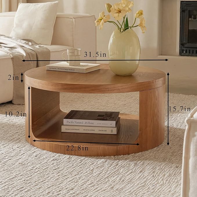 Round Coffee Table with Storage, 31.5" Modern Living Room Table, 2 Tier Circle Wood Center Tables for Apartment, Living Room, Open-Style Storage Cocktail Tables, 31.5"*15.7" (Nature Wood)