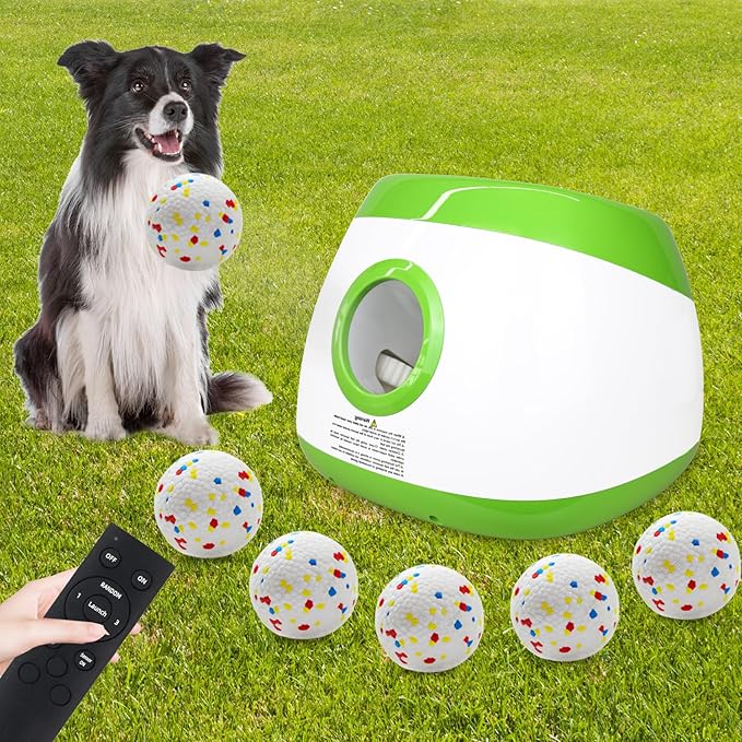 Automatic Dog Ball Launcher, Upgraded Interactive Dog Balls Thrower with 3 Distance 29Ft-79Ft, Remote Control Ball Launcher for Medium & Large Dogs, 5 Etpu Balls Included (Lime Green)