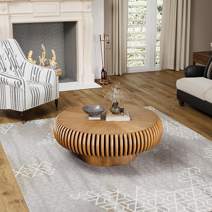 Round Fluted Coffee Table Modern Handcraft Drum Coffee Table with Sturdy Pedestal 31.5" Farmhouse Center Table Tea Table for Living Room, Reception Room, Entertainment Room (Brown 31.5")