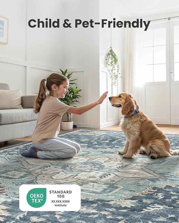 AMADA HOMEFURNISHING 8x10 Washable Area Rug, Low-Profile Large Area Rug with Non-Slip Backing & Durable Edge Binding, Vintage Large Rugs for Living Room, Bedroom, Dinning Room