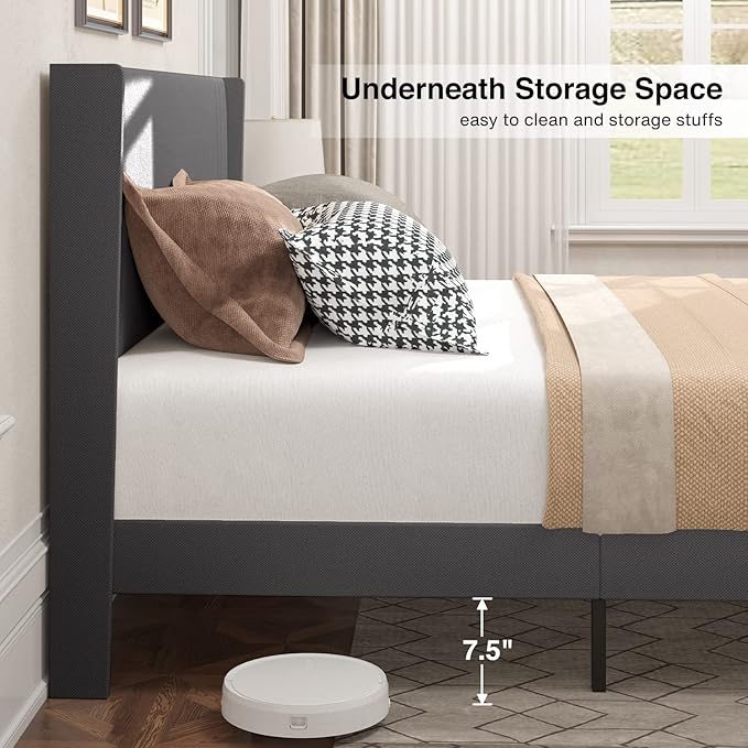 Gizoon Full Bed Frame with Wingback Headboard, Upholstered Platform Bed with Modern Geometric Headboard, Wooden Slats, Noise-Free, No Box Spring Needed