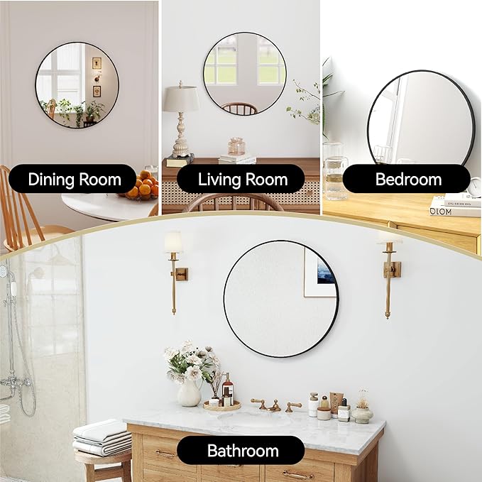 24" Round Mirror Circle Wall Mounted Hanging or Against Wall Aluminum Alloy Metal Frame Dressing Make-up Mirrors for Entryway Bedroom Bathroom Living Room 24 inch Black
