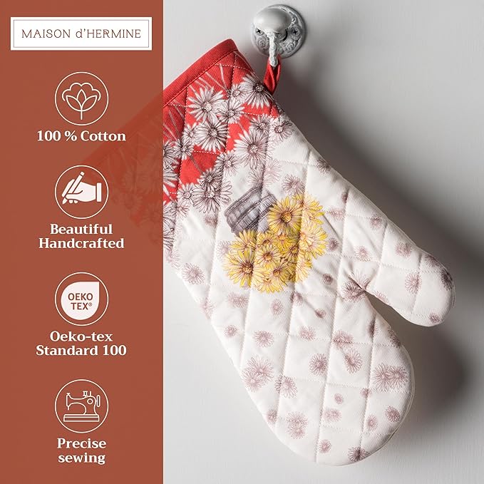 Maison d' Hermine Oven Gloves 100% Cotton Oven Mitt 7" x 13" with Loop Heat Resistant BBQ Cooking Gloves for Thanksgiving Christmas Decorations Baking Handling Hot Pans (Pack of 1, Bagatelle)