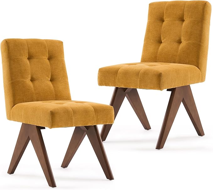 Rowill Modern Upholstered Dining Chairs Parsons Chair Linen Fabric Kitchen Chairs Tufted Armless Dining Room Chairs with Wood Legs Set of 2, Yellow