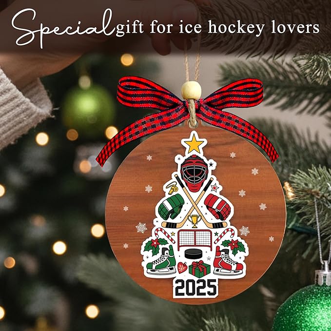 Ice Hockey Christmas Ornament 2025- Ice Hockey Gifts for Players, Family, Friends, Sport Lovers, Coaches - 2 Layer Wooden Hockey Ornaments for Christmas Tree - Sports Wood Hanging Decor Ornaments