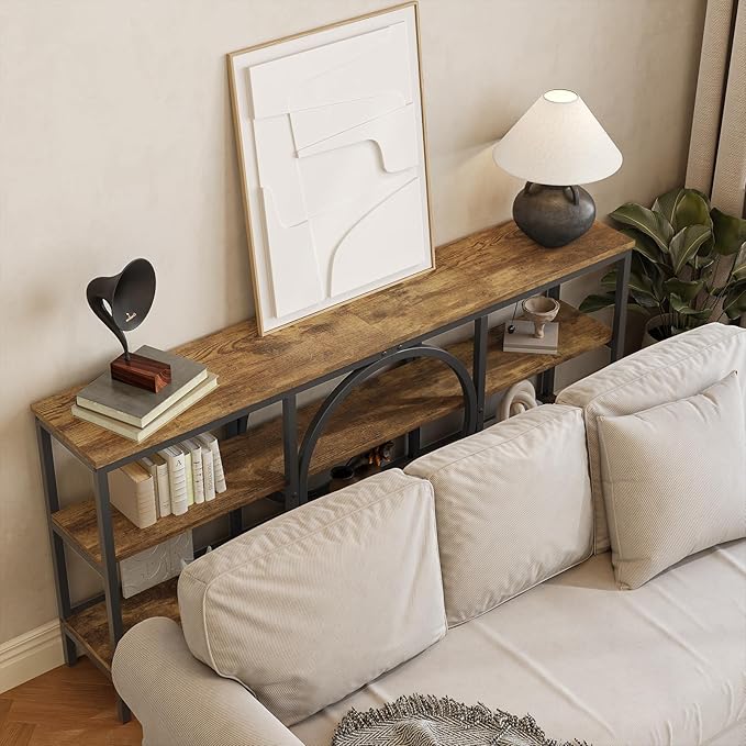 66.9 inch Console Table, 3 Tier Sofa Tables Narrow Long Wood Farmhouse Console Table with Storage Industrial Foyer Tables for Entryway, Hallway, Living Room (Vintage Brown+Black)