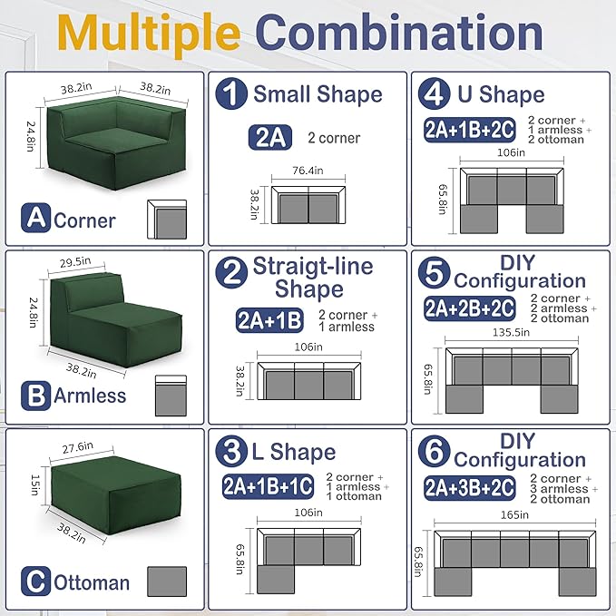 38“ Modular Sectional Sofa Convertible Cube Compressed Couch Seat Set, Combine L-Shaped U-Shaped, Free Assembly, Space-Saving for Living Room, Thick Foam Fabric Chenille Green (Only Ottoman)