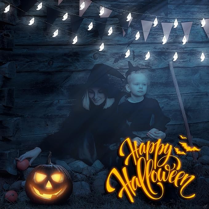 YOUNGAR Solar Halloween Ghost String Lights,2PACK 20ft 30 LED with 8 Modes Waterproof Solar String Lights,Outdoor Fairy Lights for Patio,Garden,Gate,Yard,Halloween Christmas(2Pack,Ghost)