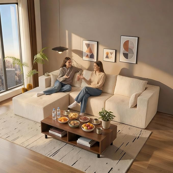 Cloud Boneless Sectional Sofa, Modular Sofa with Deep Seat, Modern Upholstered Couch with Chaise Lounge, Fluffy Comfy L-Shape Sectional Couch for Living Room, Black