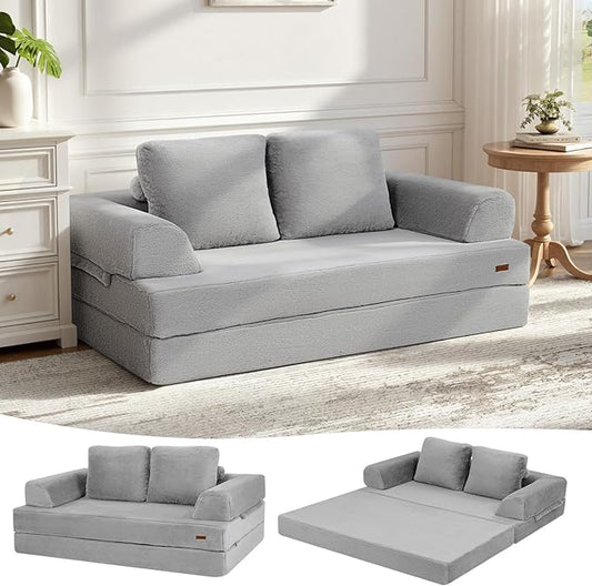 COMAX Convertible Sofa Bed, Folding Floor Couch Corduroy Fold Out Couch Bed Futon Sleeper Mattress with Pillows, Boneless Sofa Comfy Lounge Loveseat for Living Room Bedroom, Faux Fur Grey