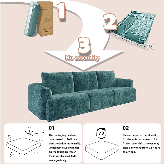 EASE MOOSE Boneless Couch for Living Room, Sectional Cloud Sofa, Modular Cloud Couch, 3-Seater Deep Seat Sofas with Pillow for Bedroom, Apartment, No Assembly Required, Chenille (Blue)