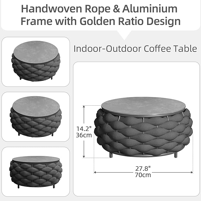 Round Coffee Table for Indoor & Outdoor Use, Aluminum Patio Furniture with Handwoven Ropes, Weather-Resistant for Garden, Terrace & Poolside (Black)