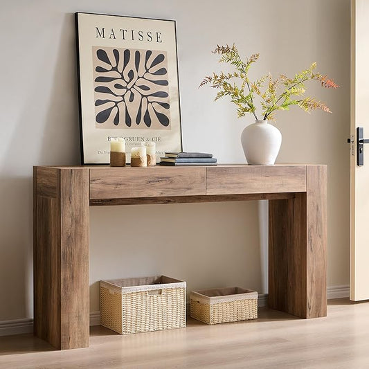 OKD Modern Entryway Console Table, Sofa Table with Drawers, 63" Long Hall Table Behind Couch, Thick Wood Design for Living Room, Hallway - Rustic Oak