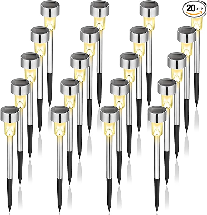 GIGALUMI Solar Pathway Lights, Stainless Steel IP44 Waterproof Auto On/Off Outdoor LED Solar Landscape Lights for Garden, Yard, Patio, Path and Walkway(20 Pack, Warm White)