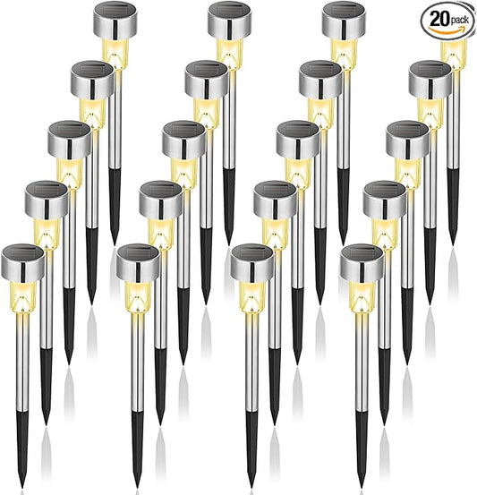 GIGALUMI Solar Pathway Lights, Stainless Steel IP44 Waterproof Auto On/Off Outdoor LED Solar Landscape Lights for Garden, Yard, Patio, Path and Walkway(20 Pack, Warm White)