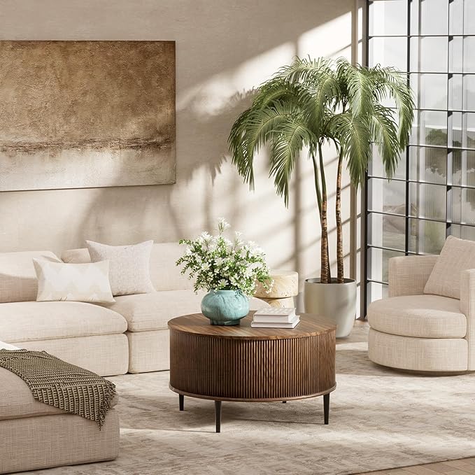 Yechen 31.5" Round Coffee Table with Storage,Fluted Lift Top Center Table, Midcentury Modern Flip-top Curved Table for Living Room,Walnut