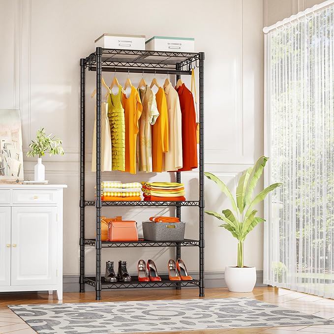 Ulif H4 Mini Portable Closet, 4 Tiers Freestanding Clothing Garment Rack for Small Space, Metal Clothes Wardrobe System for Bedroom, 23.6" W x 14" D x 76.4" H, Load 502 lbs, Black