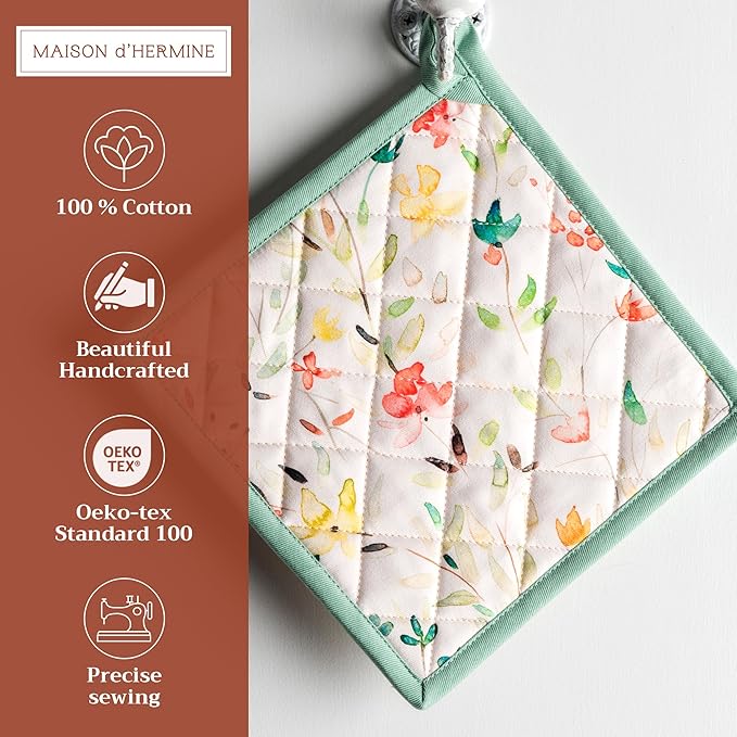Maison d' Hermine Pot Holders Set 100% Cotton Heat Resistant Potholders 8" x 8" Hot Pads with Loop BBQ, Cooking, Baking, Grilling, Kitchen, Handling Hot Pans Spring/Summer (Pack of 2, Colmar)
