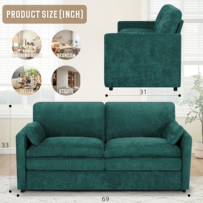 69" Chenille 2 Seats Sofa with 2 Pillows, Modern Upholstered Sofa with Deeper Seats, Comfy Sofa with Thickened Cushions for Living Room, Apartment,Teal